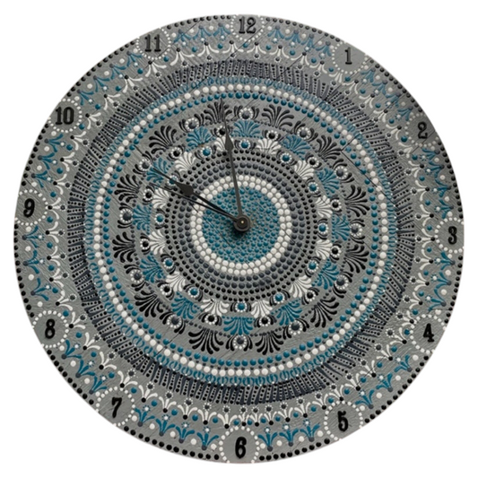 Reloj de pared con arte de puntos, trabajo de Mandala, pintura acrílica hecha a mano, decoración para el hogar y la Oficina