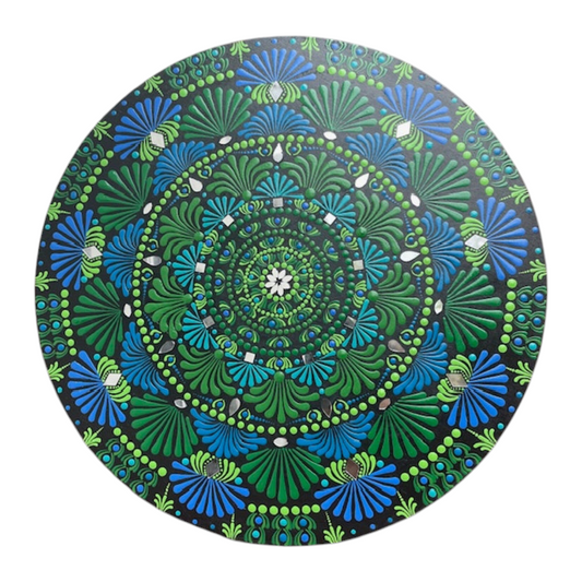Mandala con espejos Arte de puntos con tonos de colores azul y verde Pintura acrílica hecha a mano