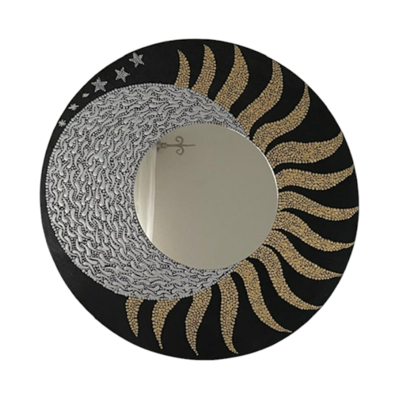 Espejo de pared Sun Moon Stars, arte de puntos, pintura acrílica dorada y plateada, decoración hecha a mano para el hogar y la Oficina