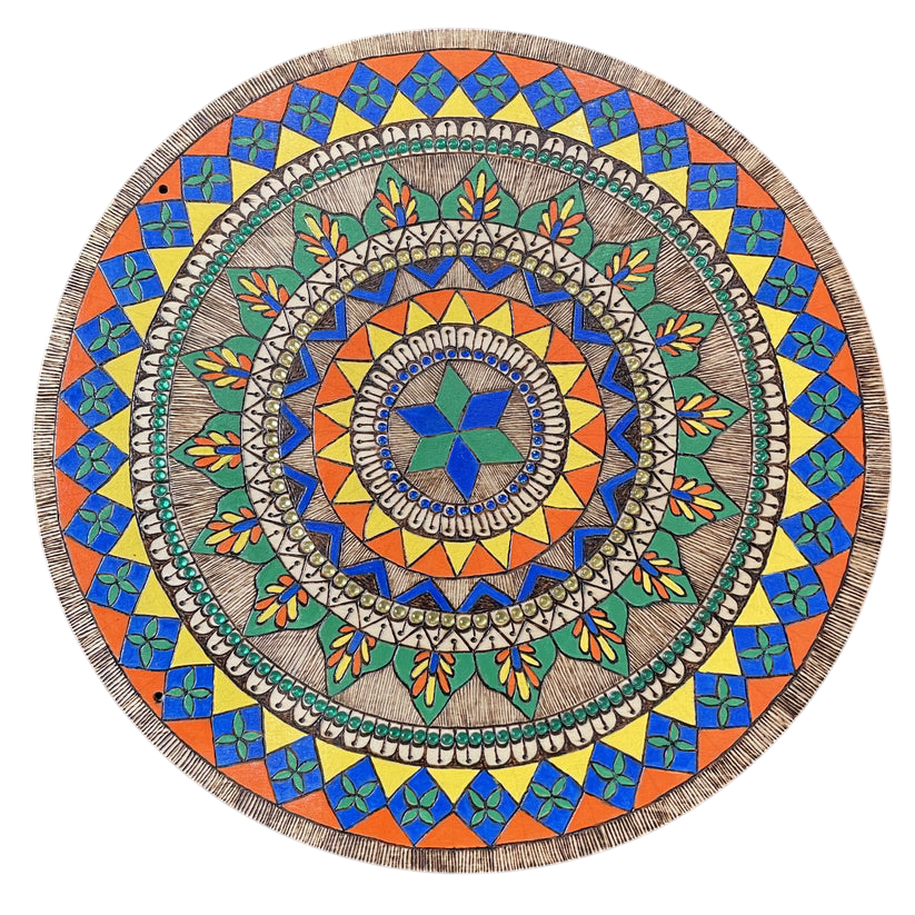 Arte de mandala turco en madera quemada y pintada a mano