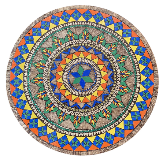 Arte de mandala turco en madera quemada y pintada a mano