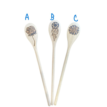 Beechwood 14" Cooking Spoons Custom Wood Burned Floral Designs