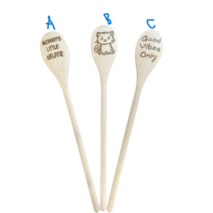 Beechwood 14" Cooking Spoons Handmade Wood Burned Designs