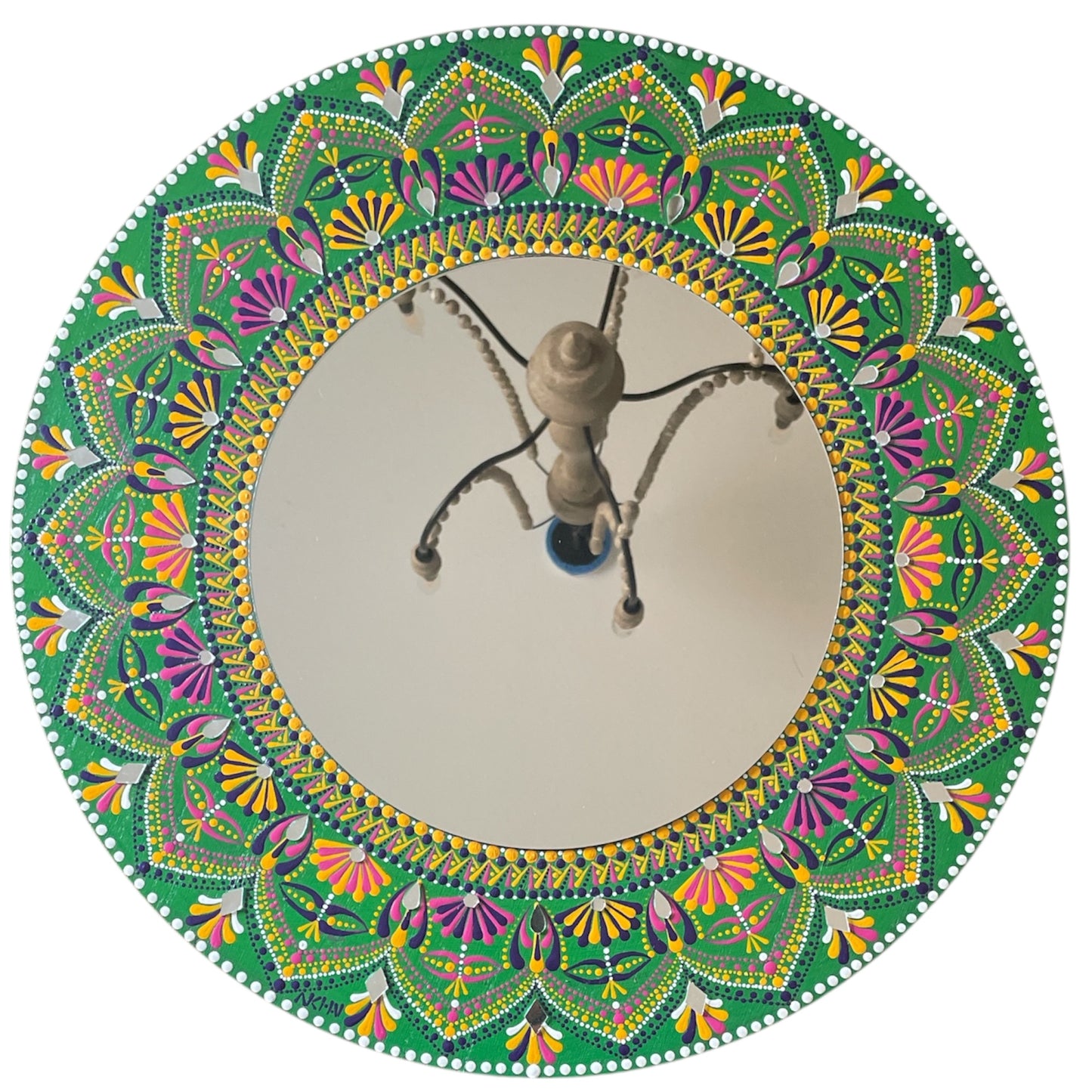 Wall Mirror Artwork with Green Purple White Yellow Color Combination