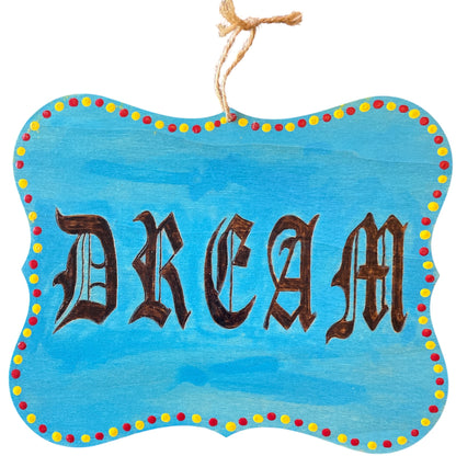 Dream Love Live Wooden Plaques for Door Wall Hanging Wood Burned Words Painted Dots