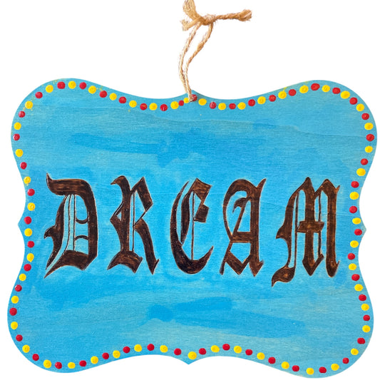 Dream Love Live Wooden Plaques for Door Wall Hanging Wood Burned Words Painted Dots