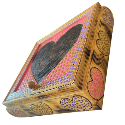 Keepsake Jewelry Mirror Box with Wood Burned Heart Design and Dot Art