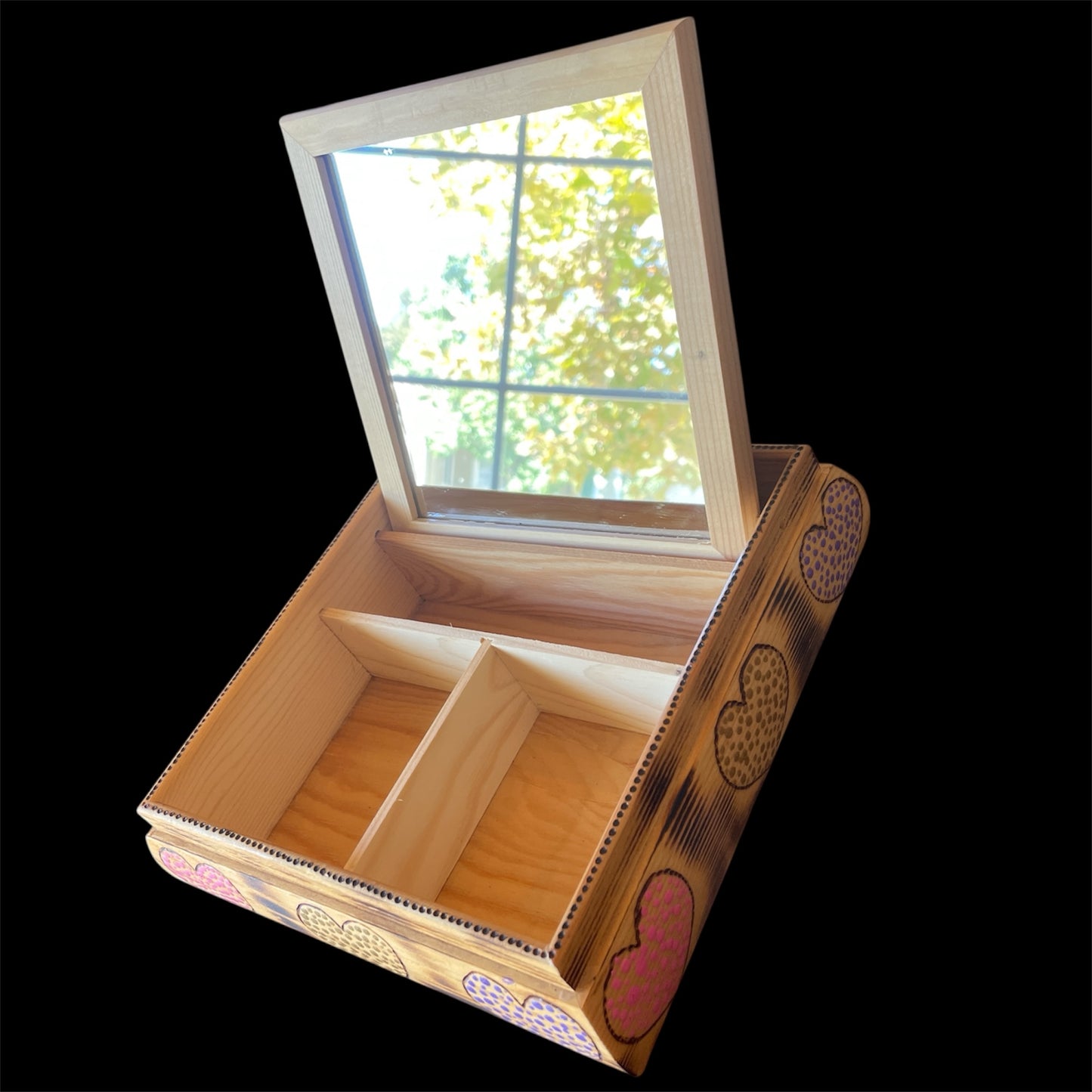 Keepsake Jewelry Mirror Box with Wood Burned Heart Design and Dot Art