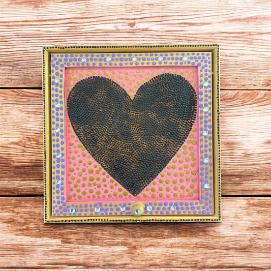 Keepsake Jewelry Mirror Box with Wood Burned Heart Design and Dot Art