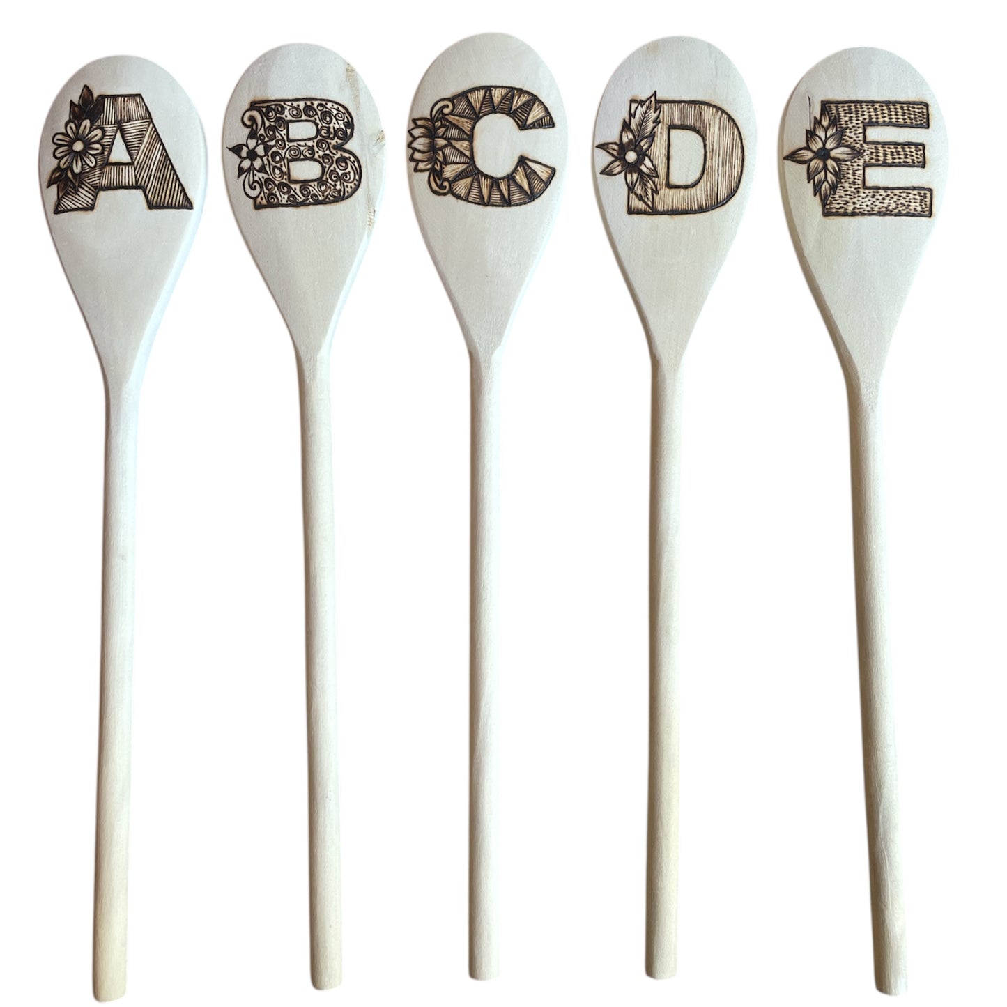 Rubberwood 14" Cooking Spoons with English Alphabets A-E | Eco-friendly