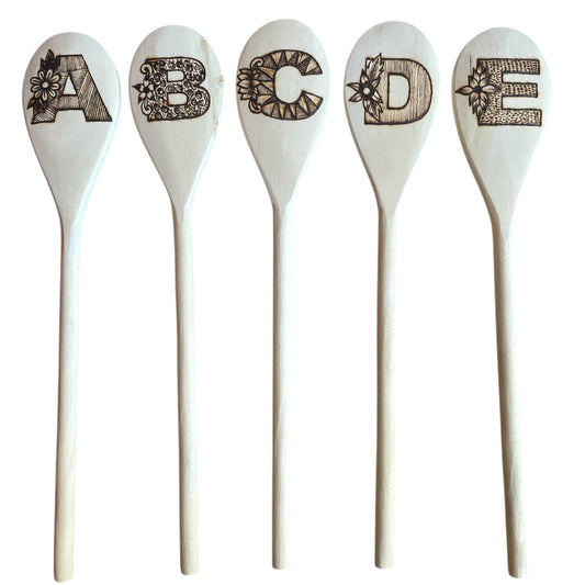 Rubberwood 14" Cooking Spoons with English Alphabets A-E | Eco-friendly