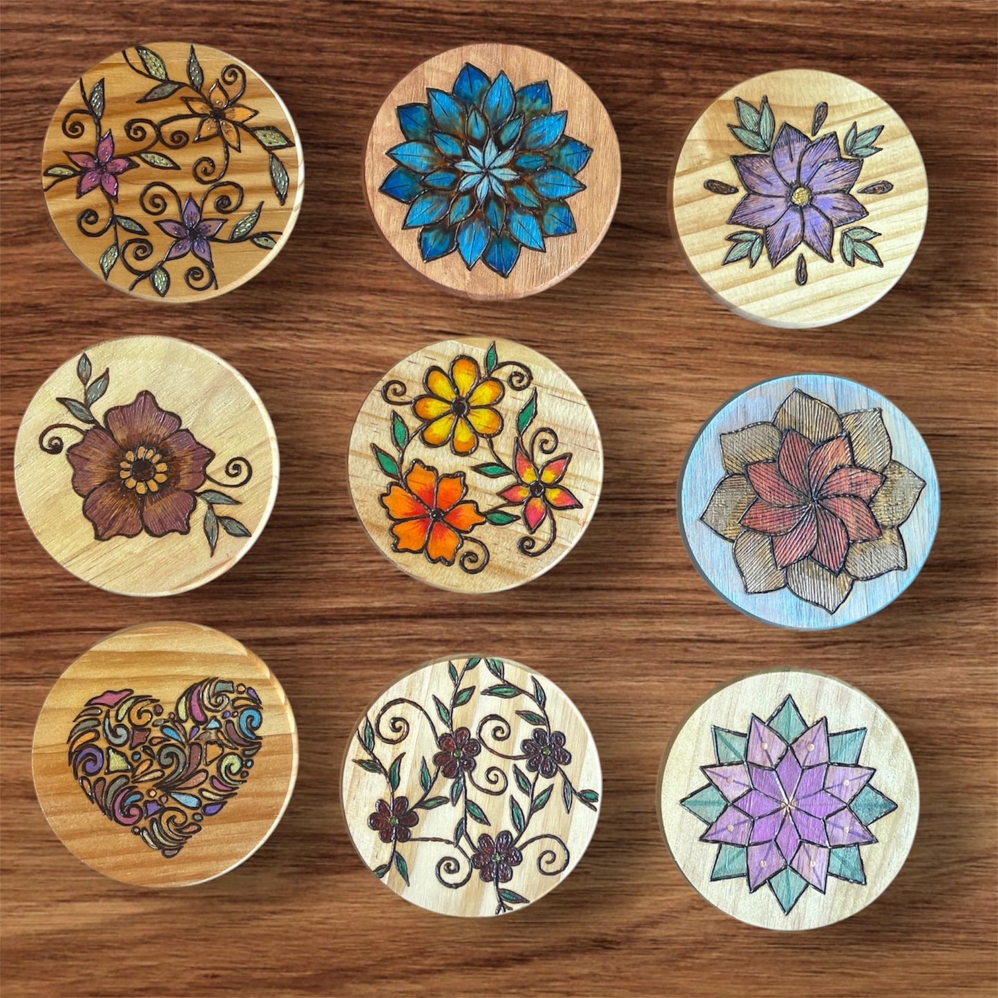 Wooden Coasters Wood Burned and Painted by hand with Floral Designs
