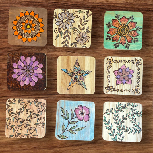 Square Drink Coasters Wood Burned and Painted by hand with Floral Designs