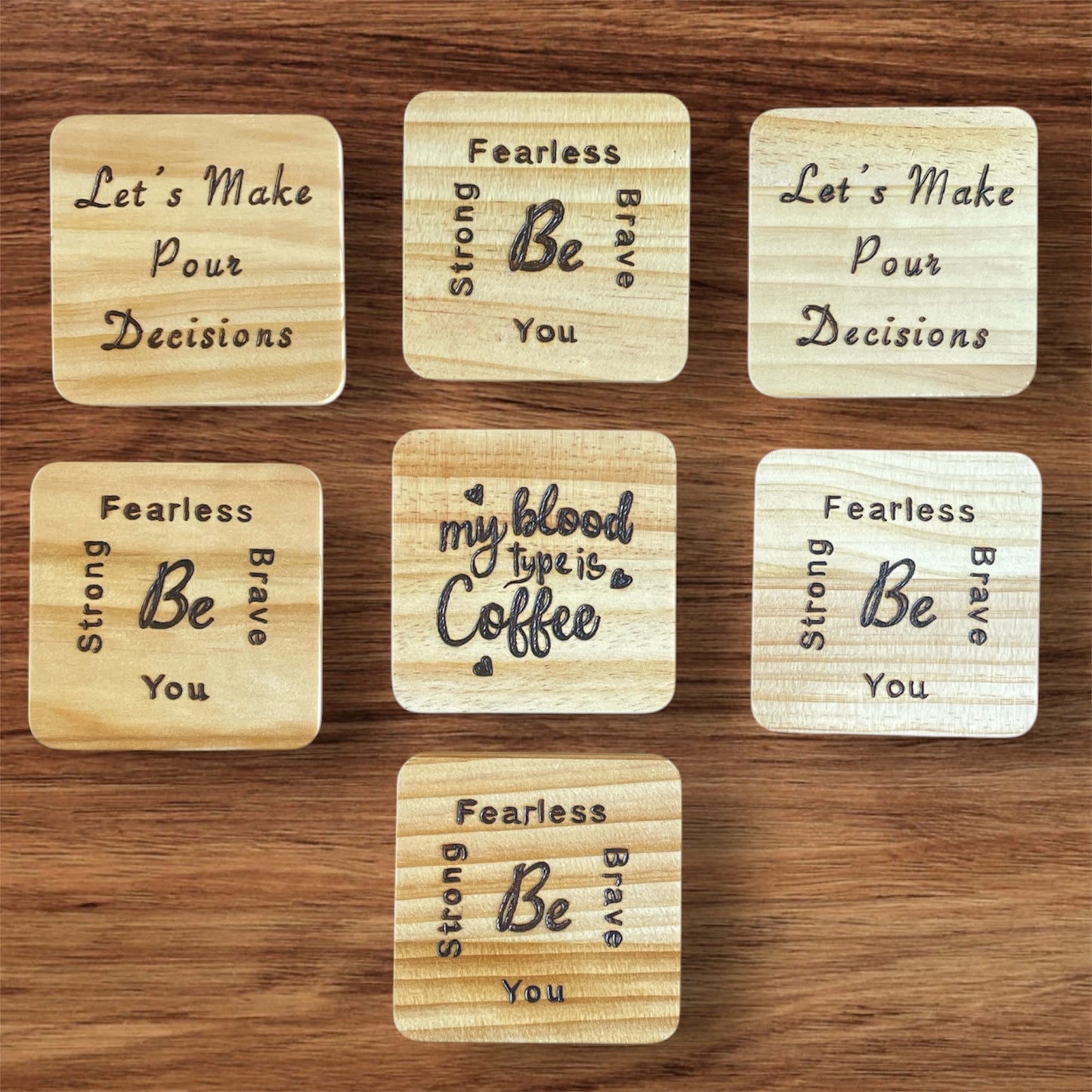 Square Drink Coasters Wood Burned and Painted by hand with Positive Quotes