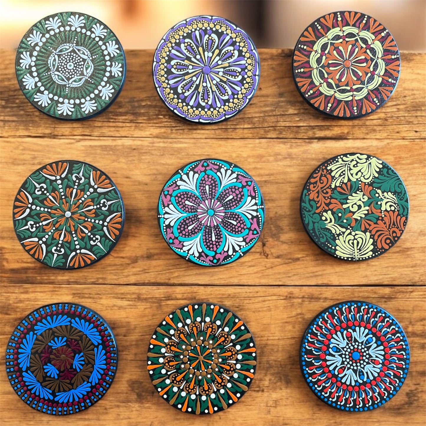 Wooden Coasters 4in by 5/16in Wood Burned Hand Painted Mandala Designs