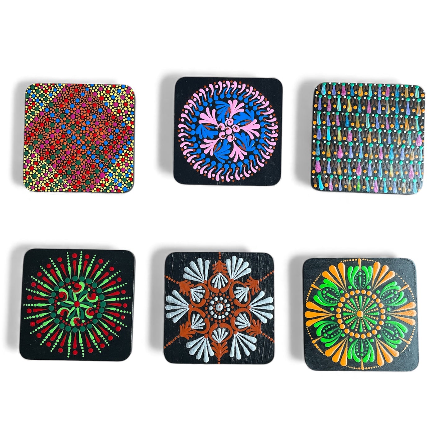 Square Drink Coasters Painted with Unique Mandala Designs Centerpiece Decor