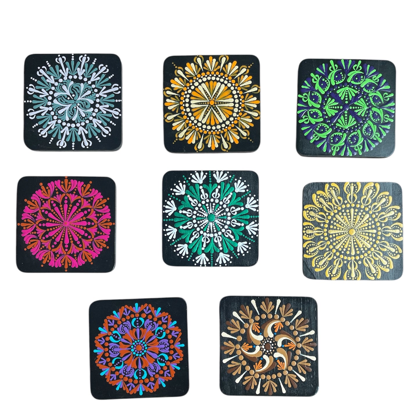 Square Drink Coasters Painted by hand with Unique Mandala Designs Centerpiece Decor