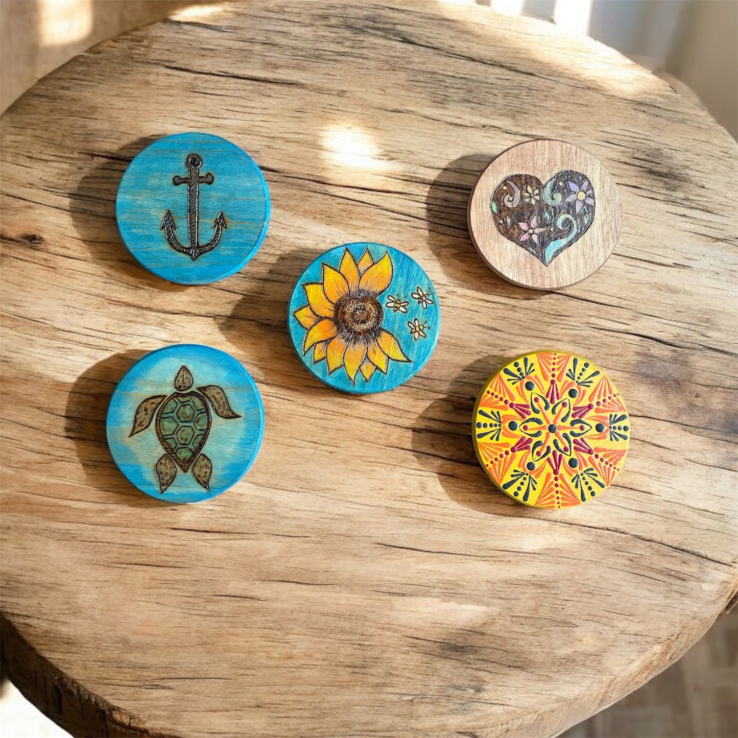 Drink Coasters Hand Painted with Sunflower| Anchor| Turtle| Heart| Mandala Designs