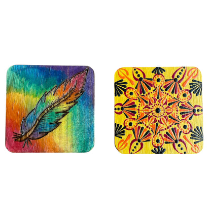 Square Drink Coasters Painted with Rainbow Feather and Mandala Design
