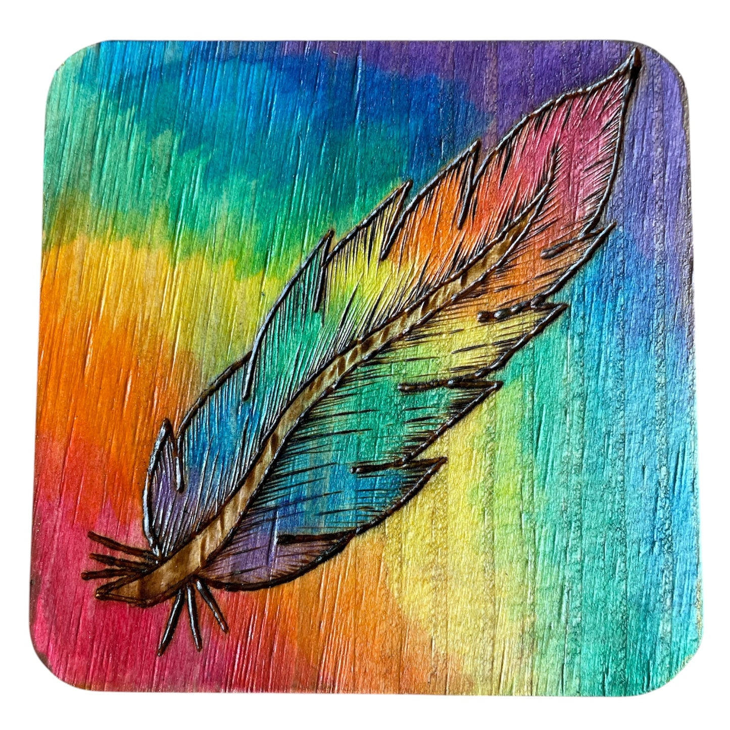 Square Drink Coasters Painted with Rainbow Feather and Mandala Design