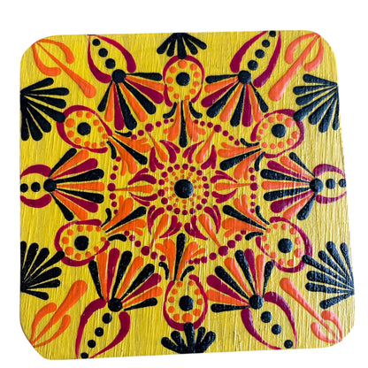 Square Drink Coasters Painted with Rainbow Feather and Mandala Design