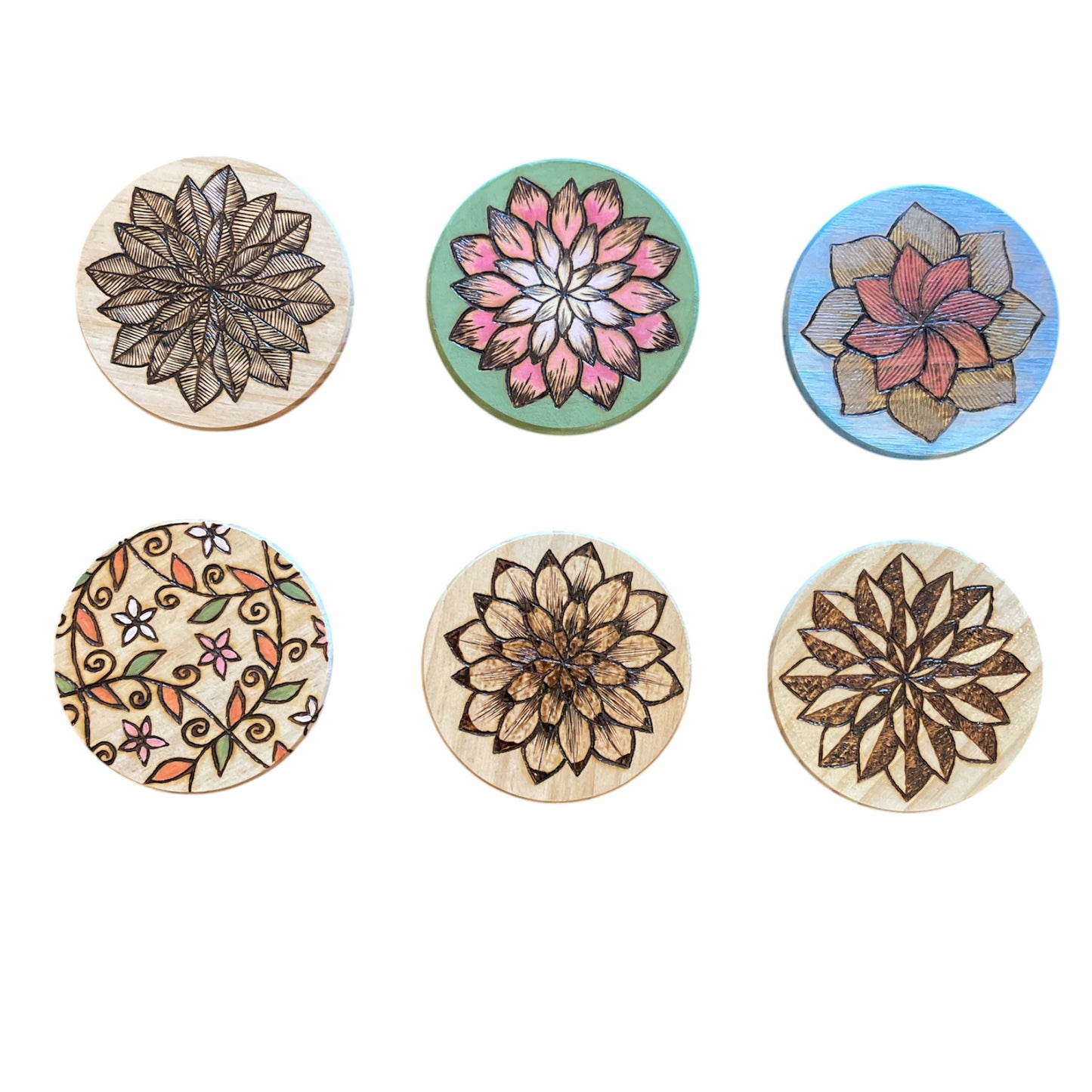Table Coasters Hand Painted and Wood Burned Designs Centerpiece Decor