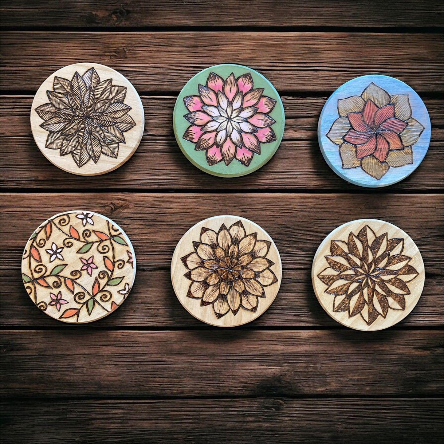 Table Coasters Hand Painted and Wood Burned Designs Centerpiece Decor