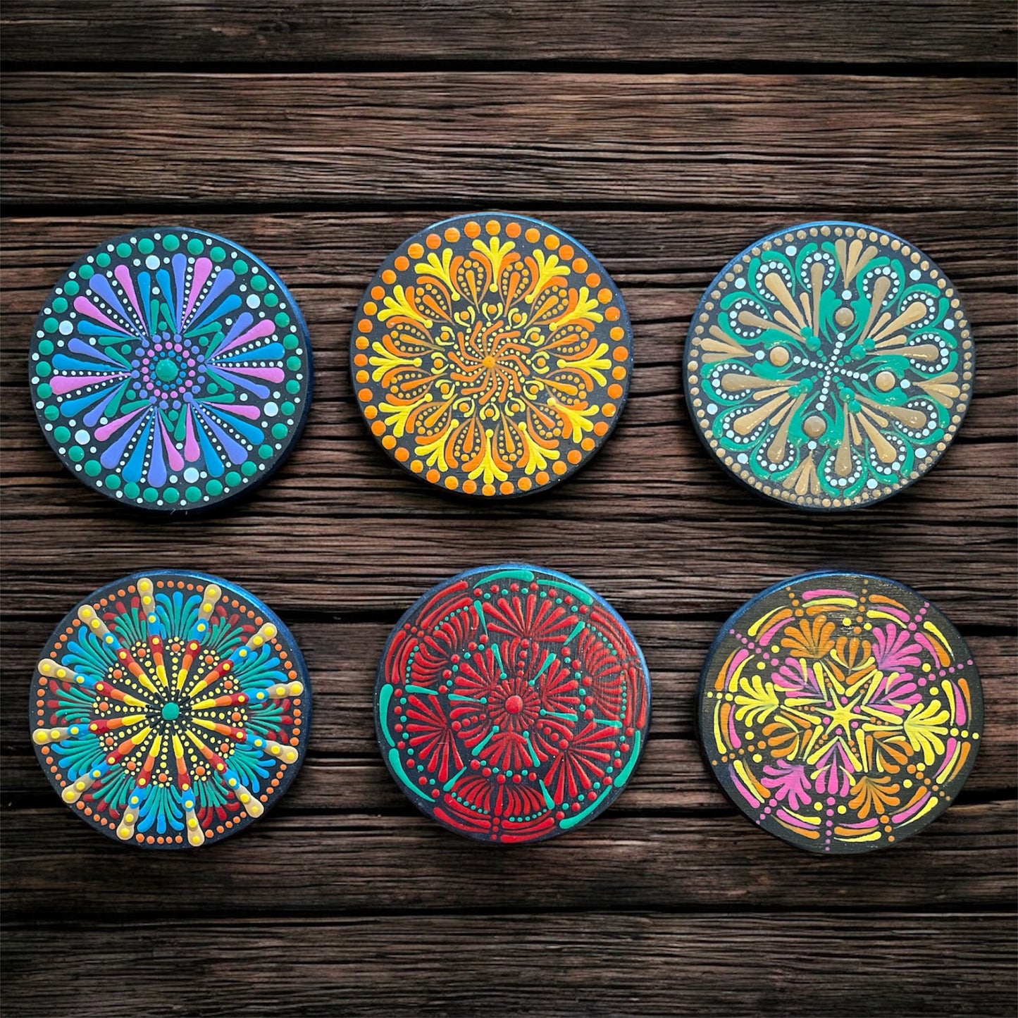 Drink Coasters Hand Painted with Dot Art Mandala Designs Centerpiece Decor