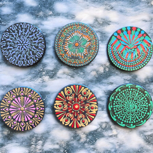 Drink Coasters Hand Painted with Dot Art Mandala Designs Centerpiece Decor