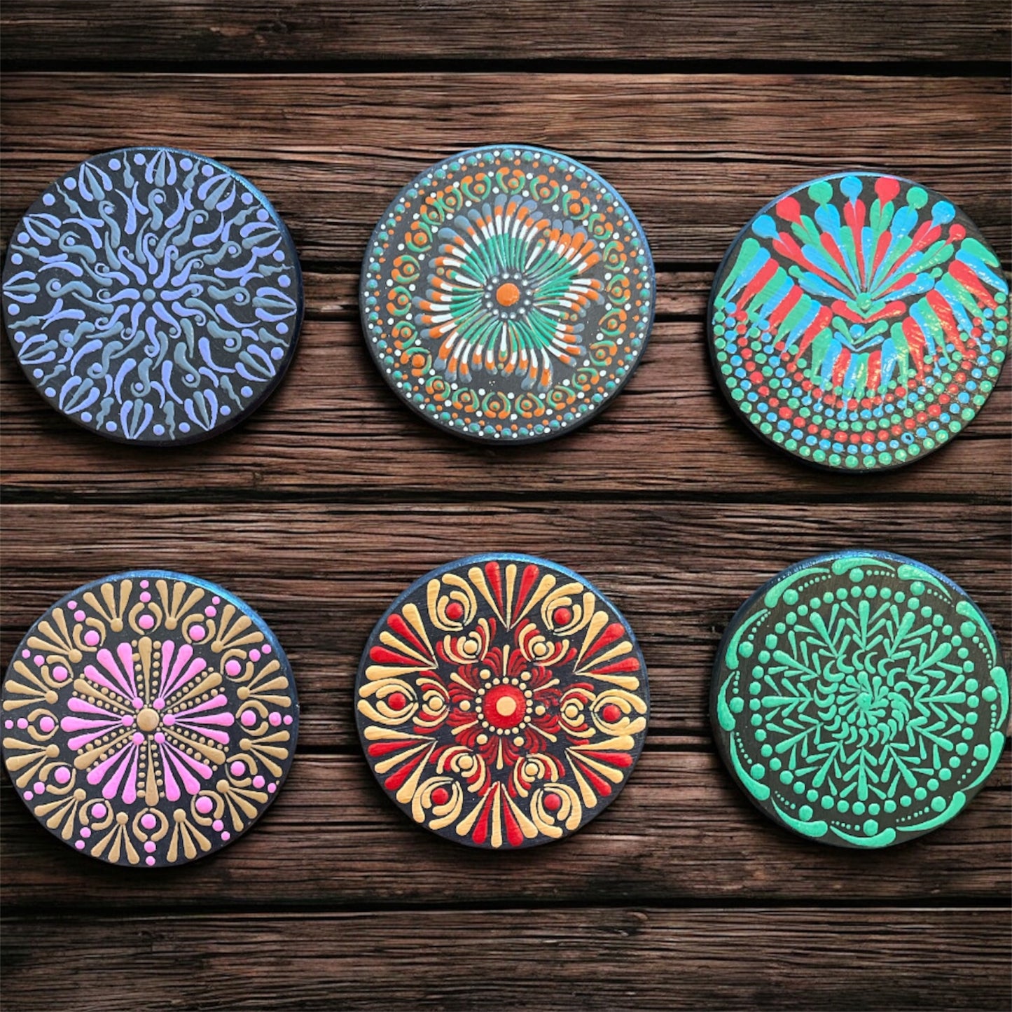Drink Coasters Hand Painted with Dot Art Mandala Designs Centerpiece Decor