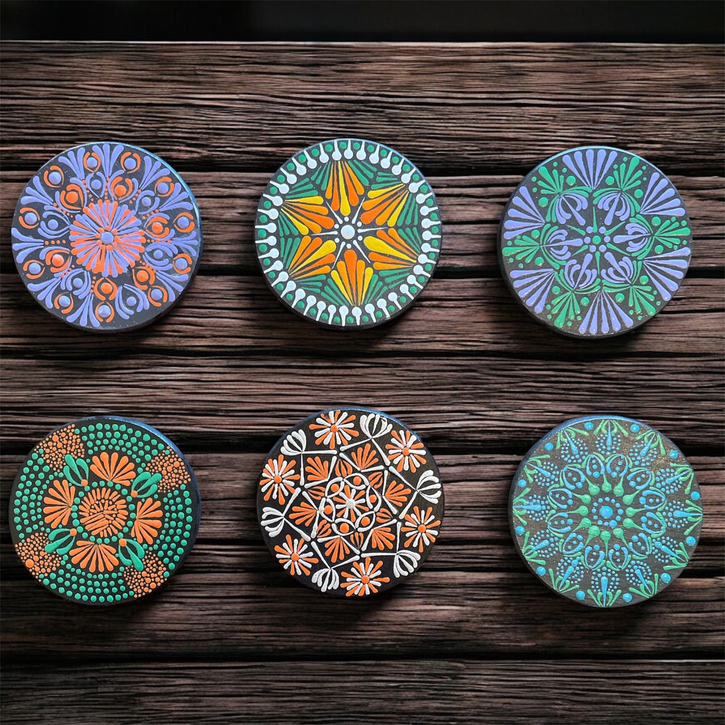 Drink Coasters Hand Painted with Dot Art Mandala Designs