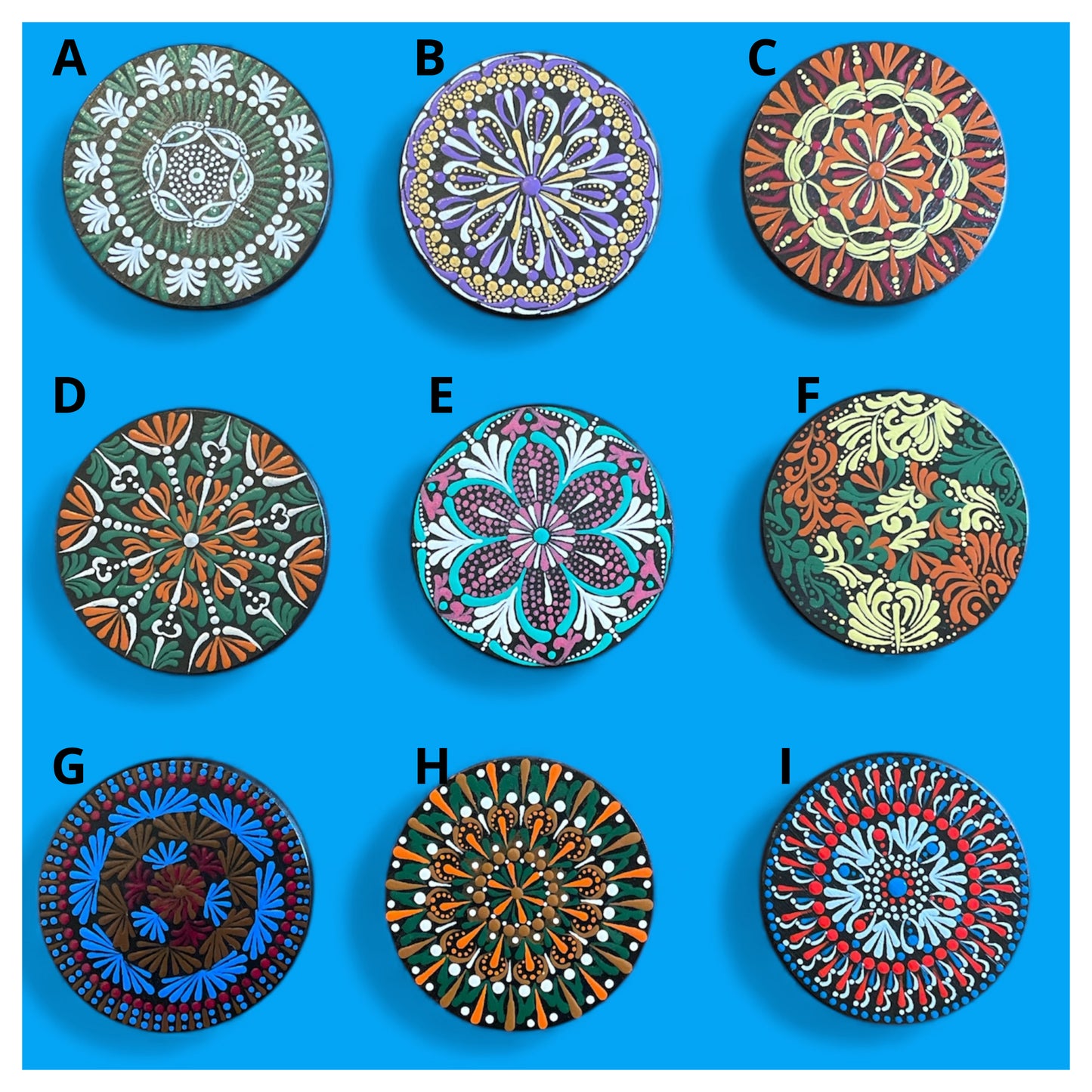 Wooden Coasters 4in by 5/16in Wood Burned Hand Painted Mandala Designs