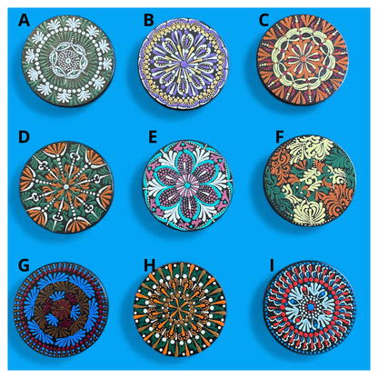 Wooden Coasters 4in by 5/16in Wood Burned Hand Painted Mandala Designs