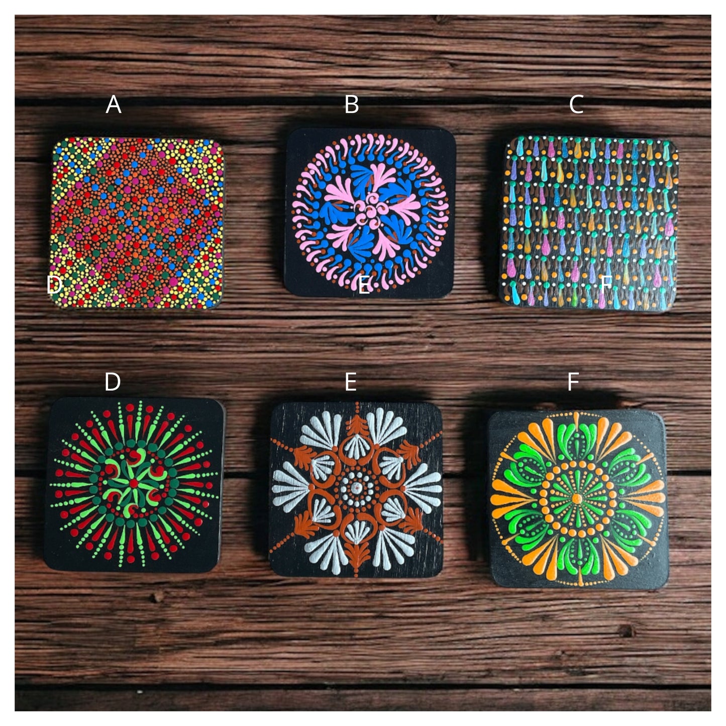 Square Drink Coasters Painted with Unique Mandala Designs Centerpiece Decor