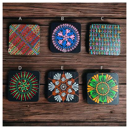 Square Drink Coasters Painted with Unique Mandala Designs Centerpiece Decor