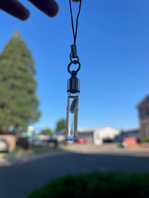 Collar de vial de vidrio largo o llavero escribiendo en joyería única hecha a mano de arroz