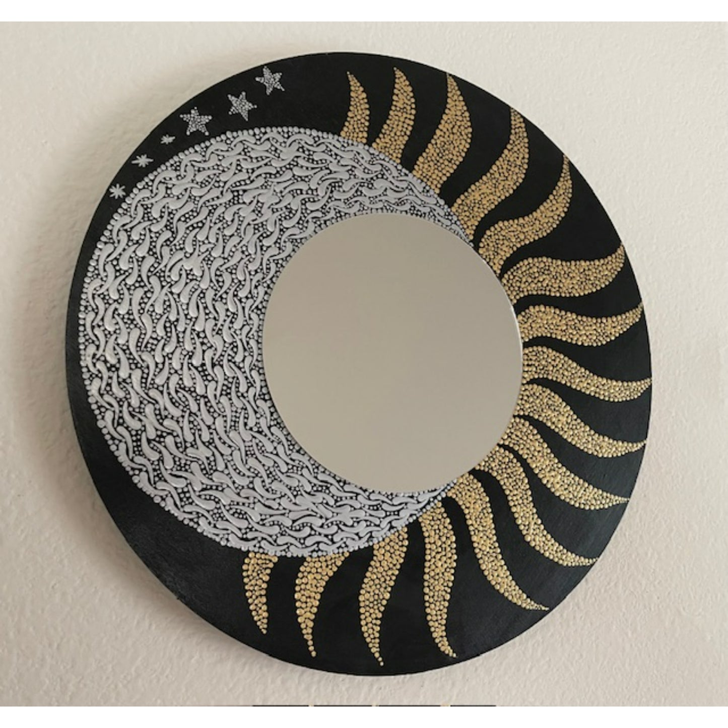 Sun Moon Stars Wall Mirror Dot Art Gold and Silver Acrylic Painting Handmade Home Office Decor