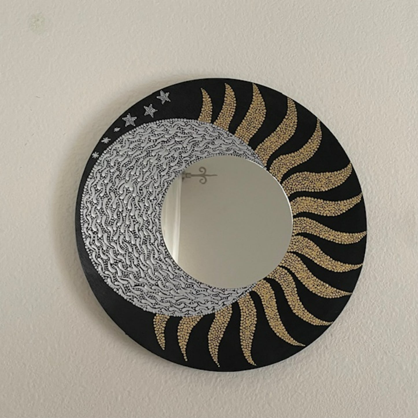 Sun Moon Stars Wall Mirror Dot Art Gold and Silver Acrylic Painting Handmade Home Office Decor