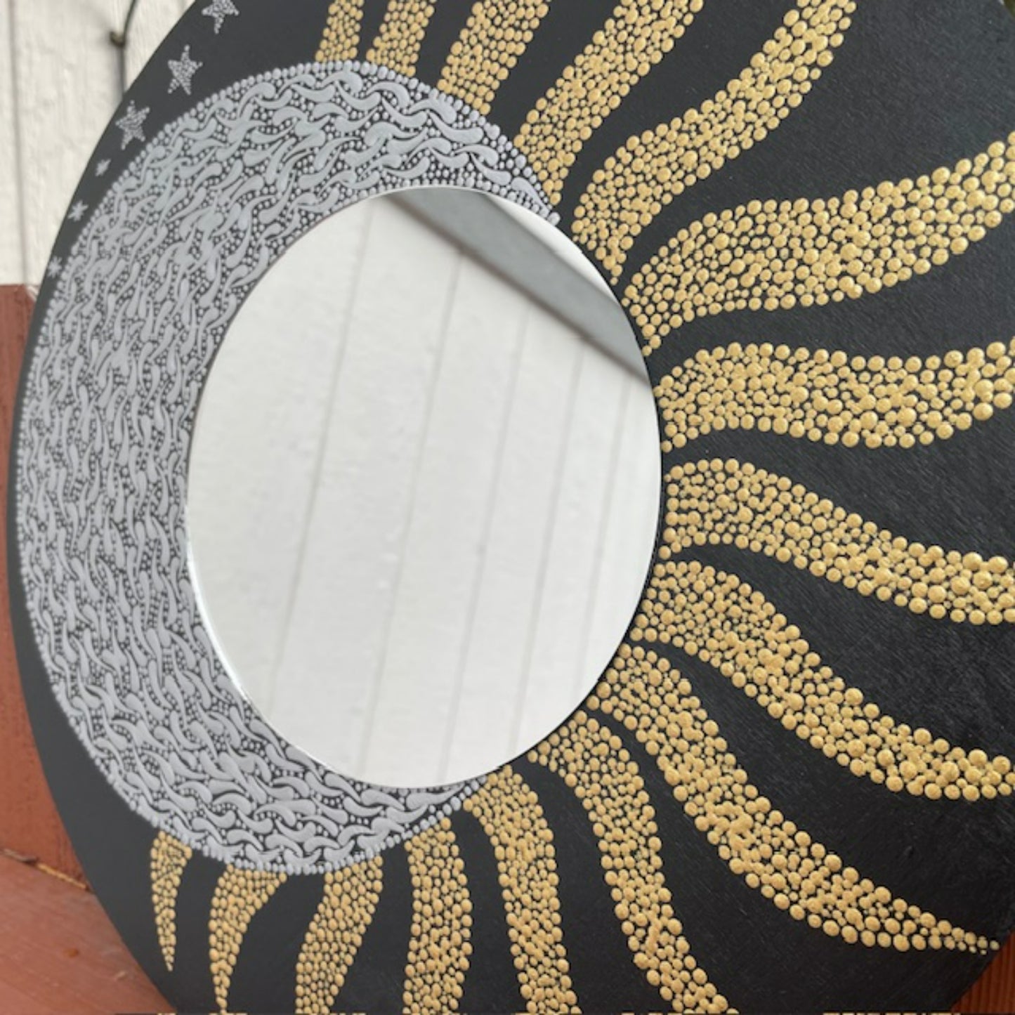 Espejo de pared Sun Moon Stars, arte de puntos, pintura acrílica dorada y plateada, decoración hecha a mano para el hogar y la Oficina