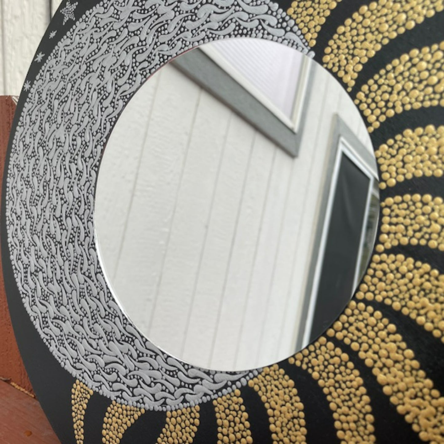 Espejo de pared Sun Moon Stars, arte de puntos, pintura acrílica dorada y plateada, decoración hecha a mano para el hogar y la Oficina