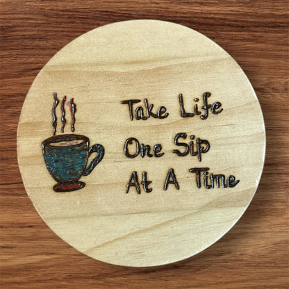 Wooden Coasters 4in by 5/16in Hand Painted Coffee Cold Drinks Holder