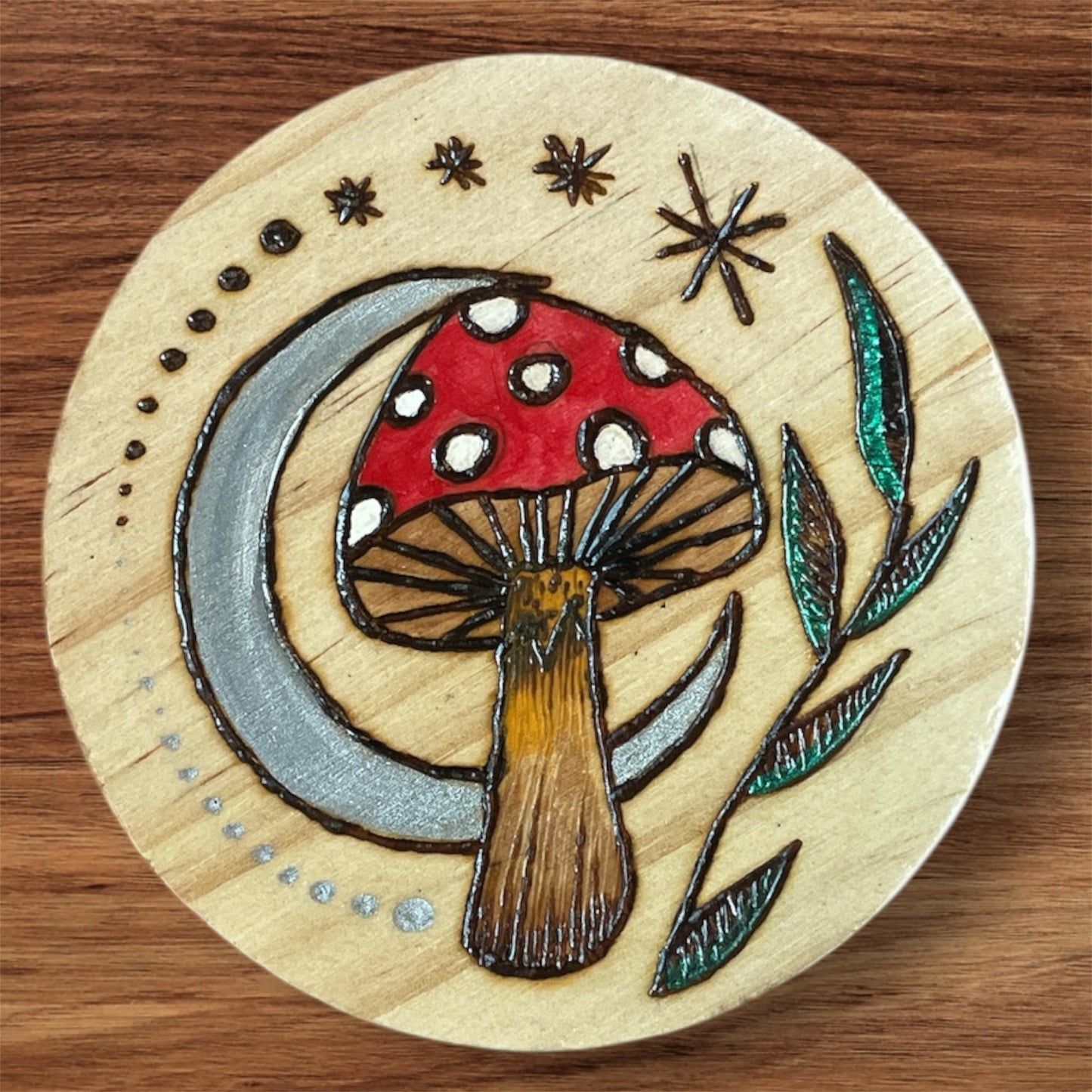 Wooden Coasters 4in by 5/16in Wood Burned Hand Painted Mushrooms Moon Designs