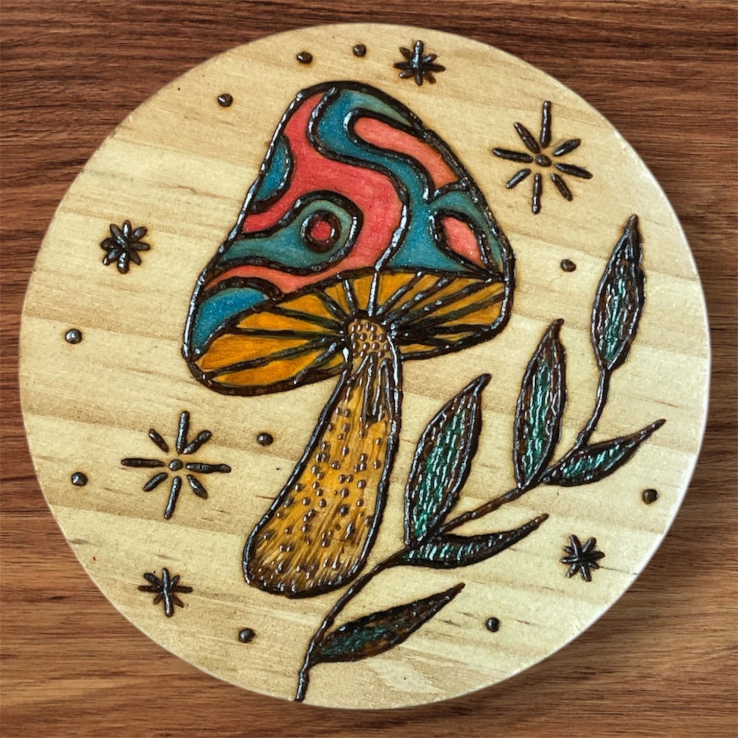 Wooden Coasters 4in by 5/16in Wood Burned Hand Painted Mushrooms Moon Designs