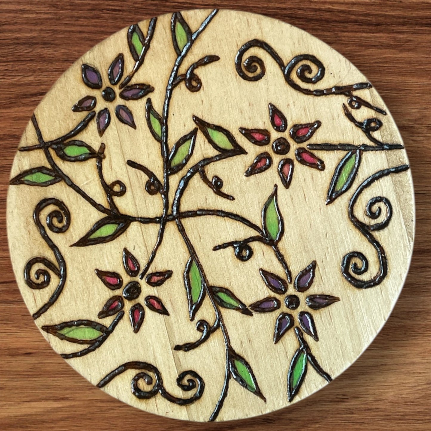 Wooden Coasters 4in by 5/16in Wood Burned Hand Painted Coffee Cold Drinks Holder
