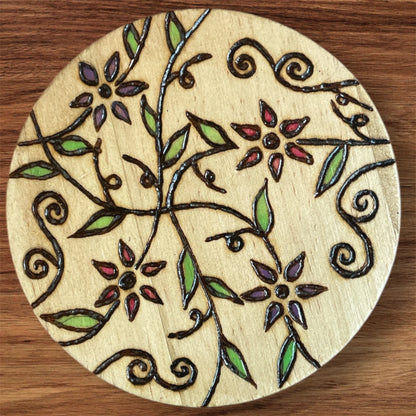 Wooden Coasters 4in by 5/16in Wood Burned Hand Painted Coffee Cold Drinks Holder
