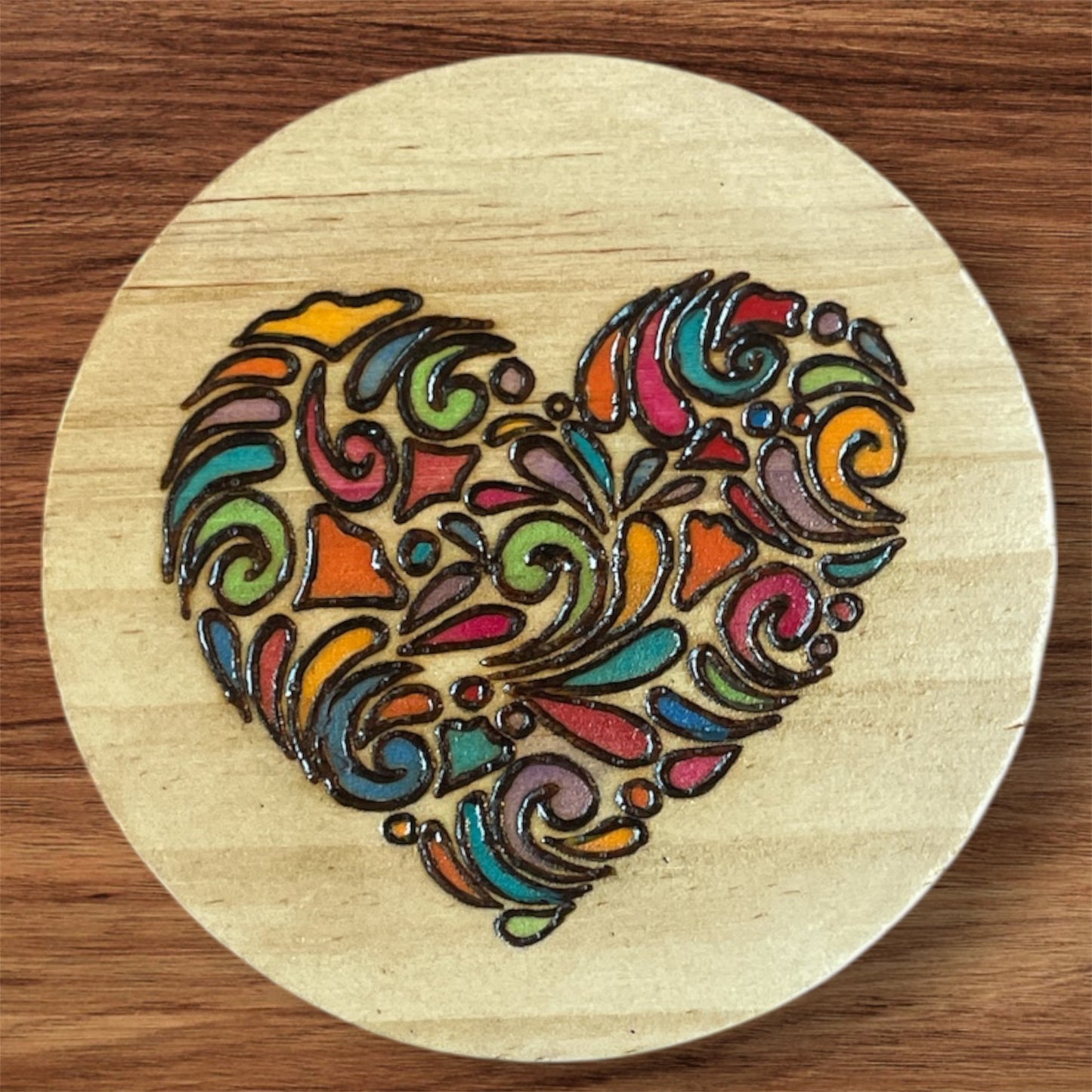 Wooden Coasters 4in by 5/16in Wood Burned Hand Painted Mushrooms Moon Designs