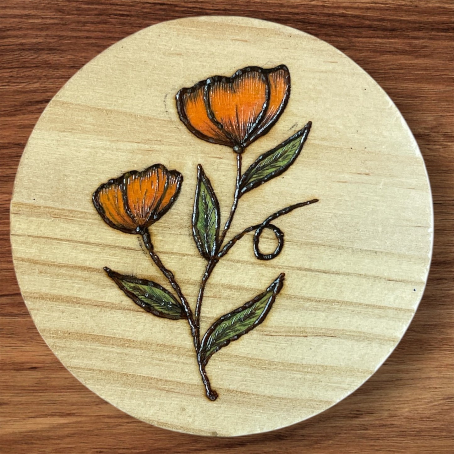 Wooden Coasters 4in by 5/16in Wood Burned Hand Painted Coffee Cold Drinks Holder