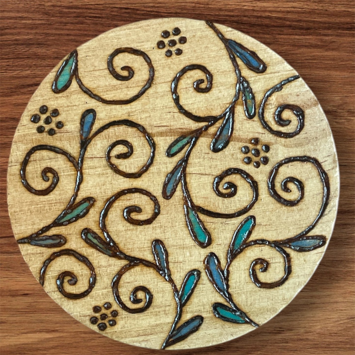 Wooden Coasters 4in by 5/16in Wood Burned Hand Painted Coffee Cold Drinks Holder