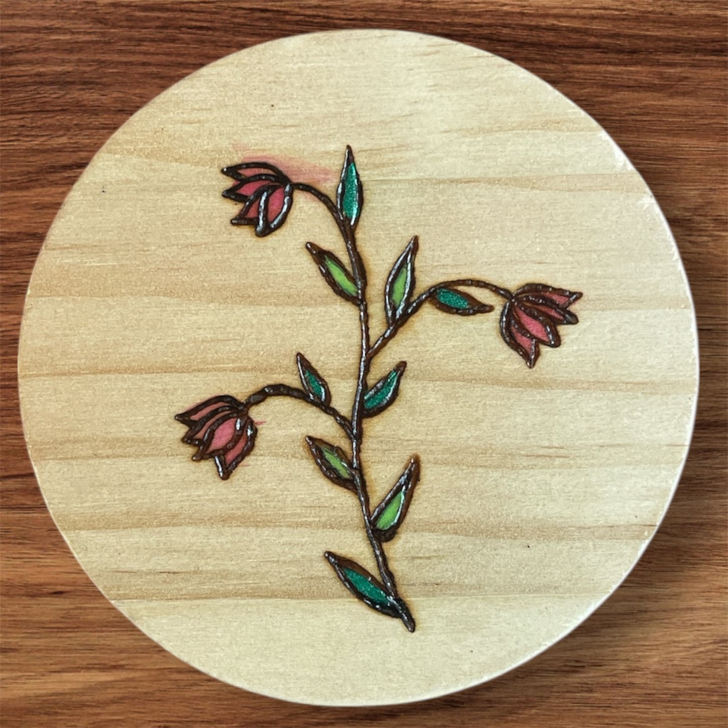 Wooden Coasters 4in by 5/16in Wood Burned Hand Painted Coffee Cold Drinks Holder