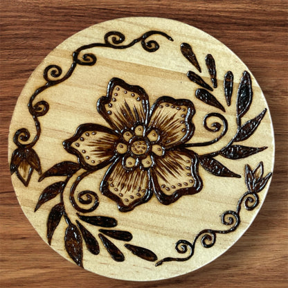 Wooden Coasters 4in by 5/16in Wood Burned Hand Painted Mushrooms Moon Designs (Copy)